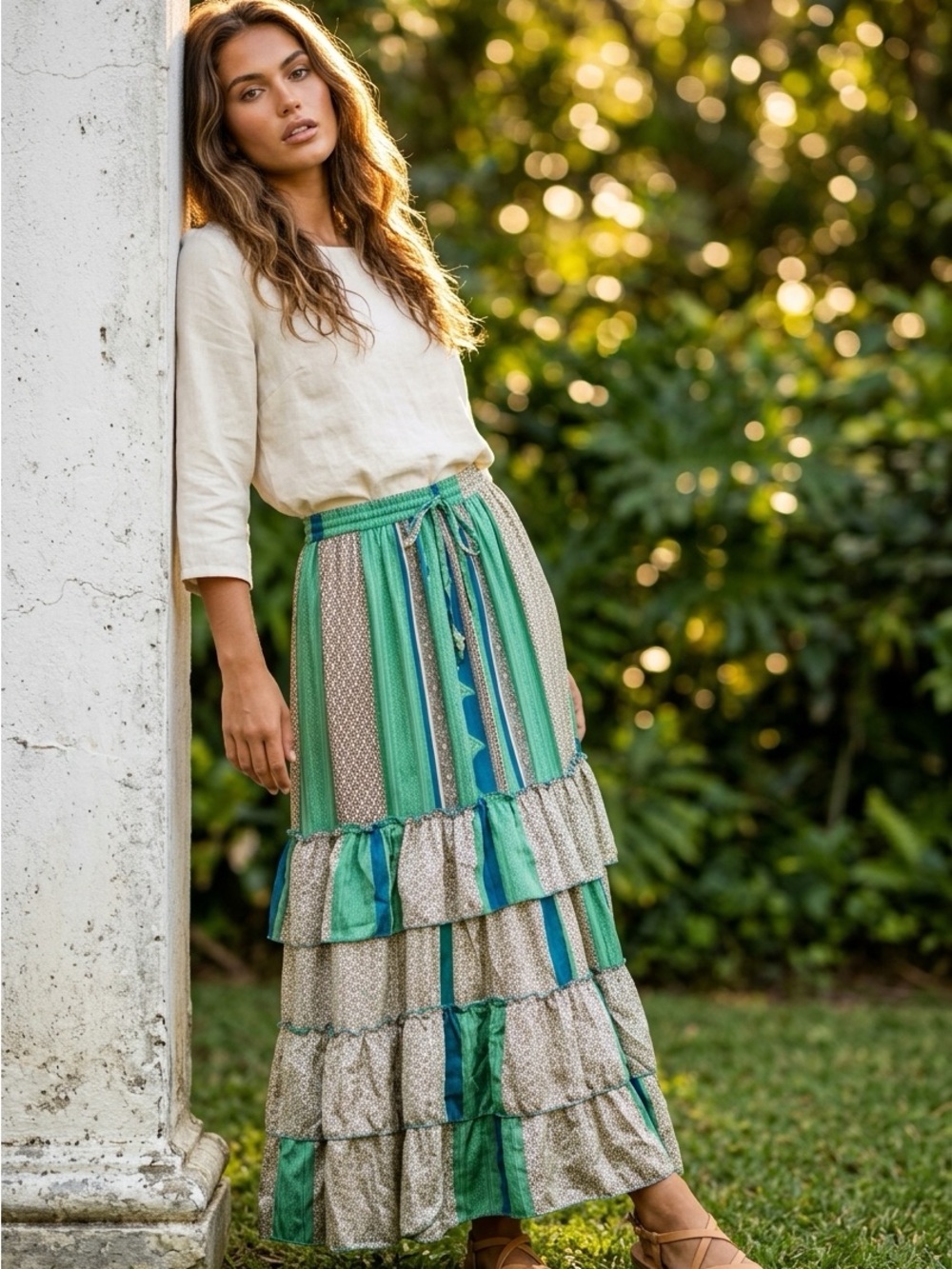 Tiered Wide-Leg silk pants — Green Mix